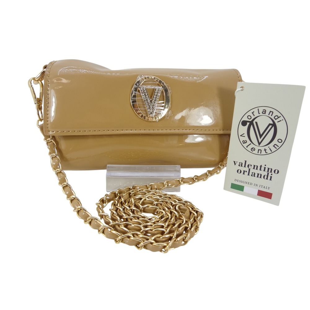 Valentino Orlandi Crossbody Bag Taupe NEW Patent V-3021D Crystal Logo